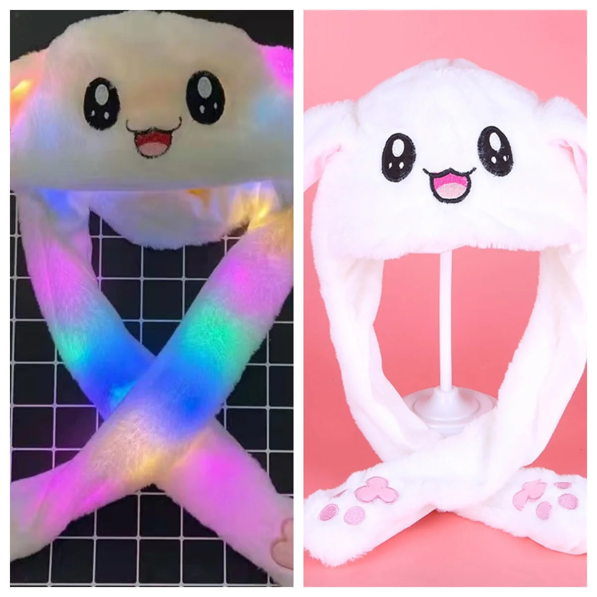 Bonnet Lapin LED Oreilles Mobiles Peluche - Chapeau Oreilles Sautantes Lumineux